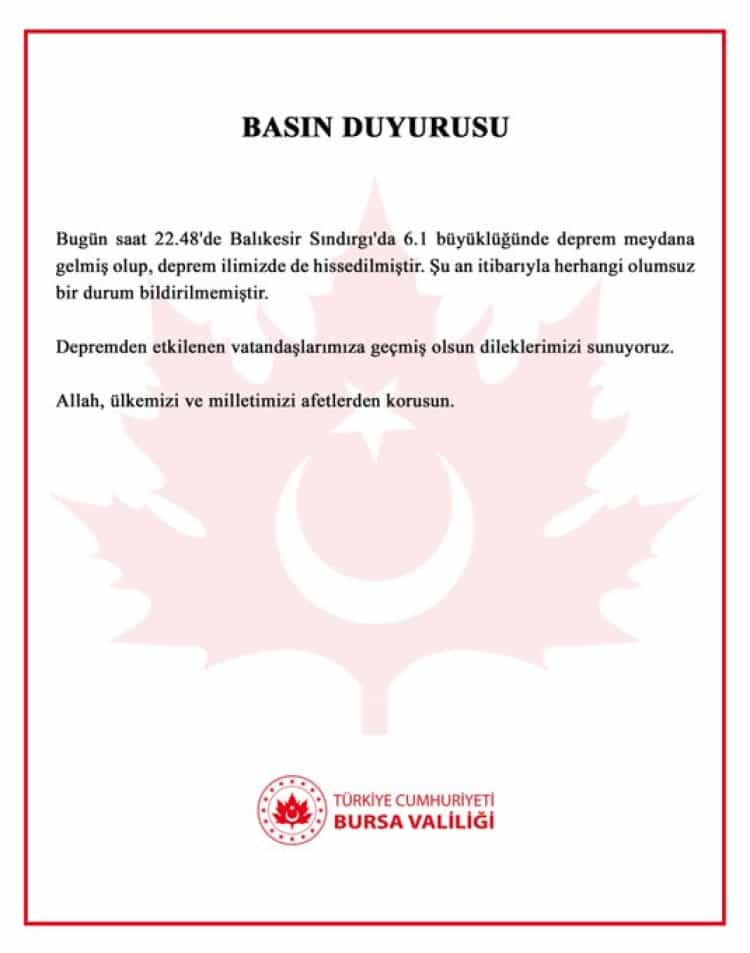 Bursa Valiliği: Deprem Sonrası Olumsuz Durum Yok