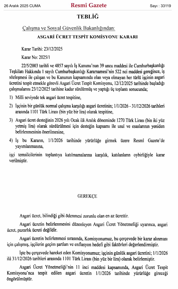 2026 Asgari Ücretine İlişkin Karar Resmi Gazete’de
